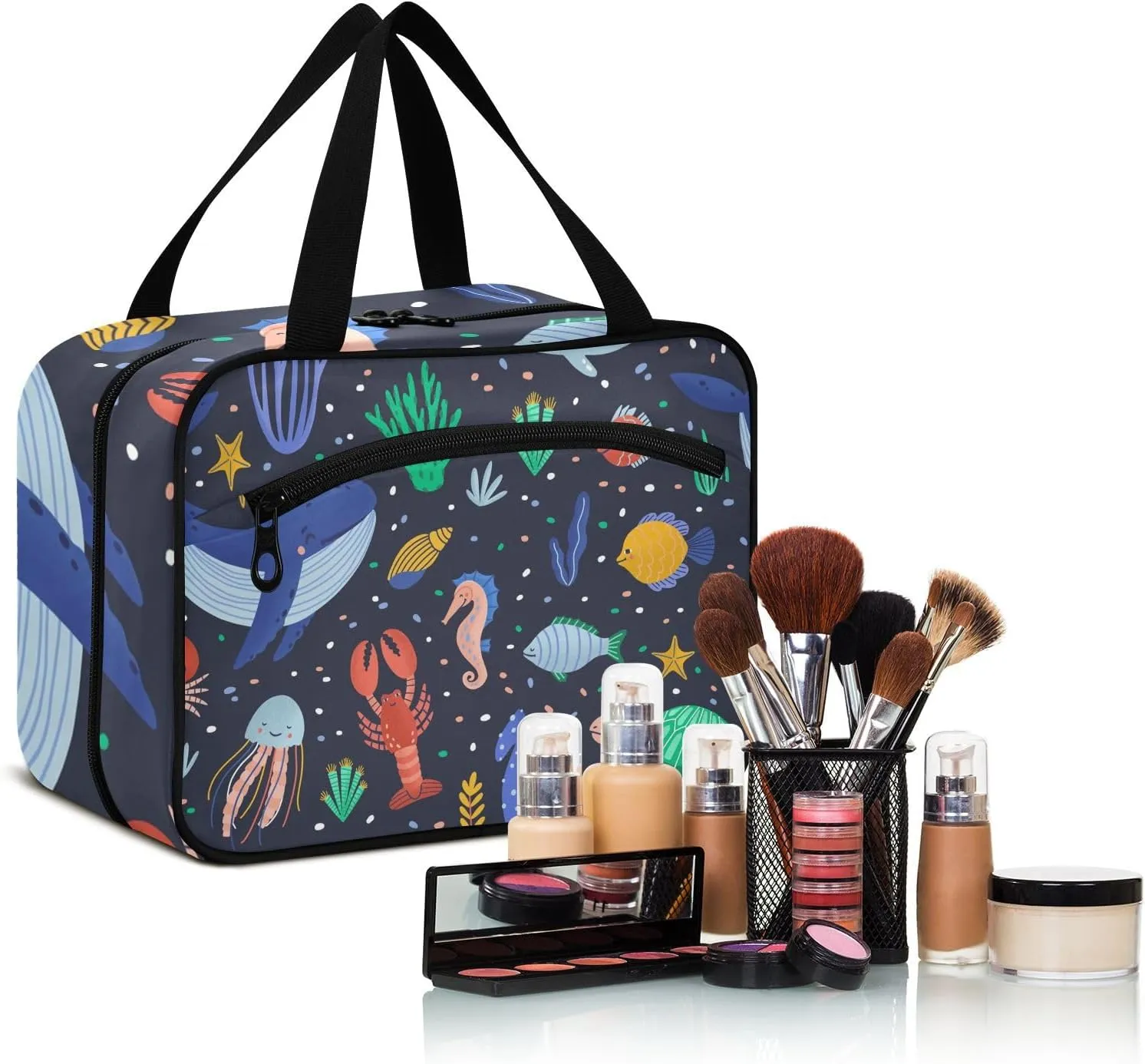 linqin Toiletry Bag for Travel, Cute Cartoon Of Sea Animals Makeup Bag Large Cosmetic Bag Organizer with Hanging Hook for Women Men