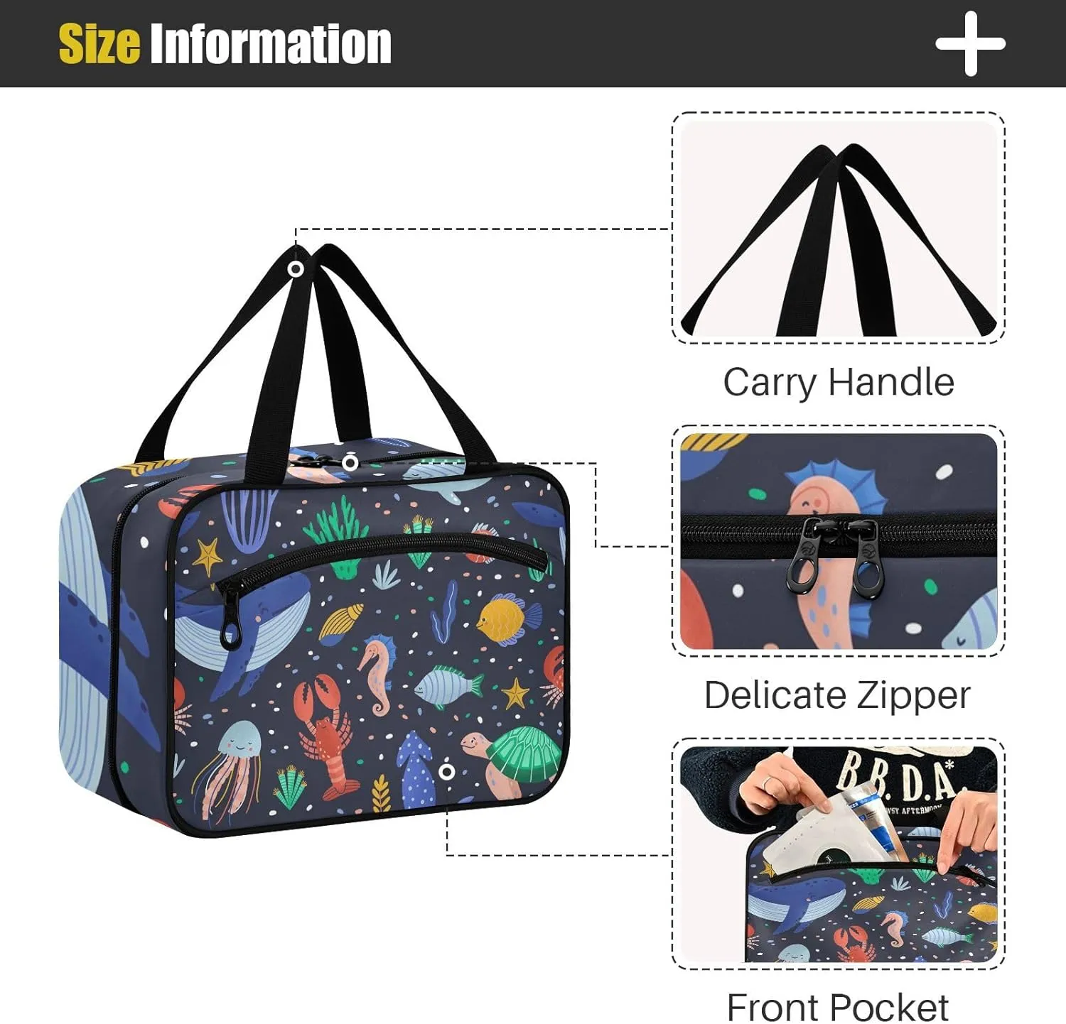 linqin Toiletry Bag for Travel, Cute Cartoon Of Sea Animals Makeup Bag Large Cosmetic Bag Organizer with Hanging Hook for Women Men
