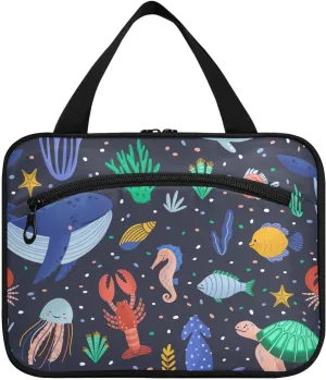 linqin Toiletry Bag for Travel, Cute Cartoon Of Sea Animals Makeup Bag Large Cosmetic Bag Organizer with Hanging Hook for Women Men