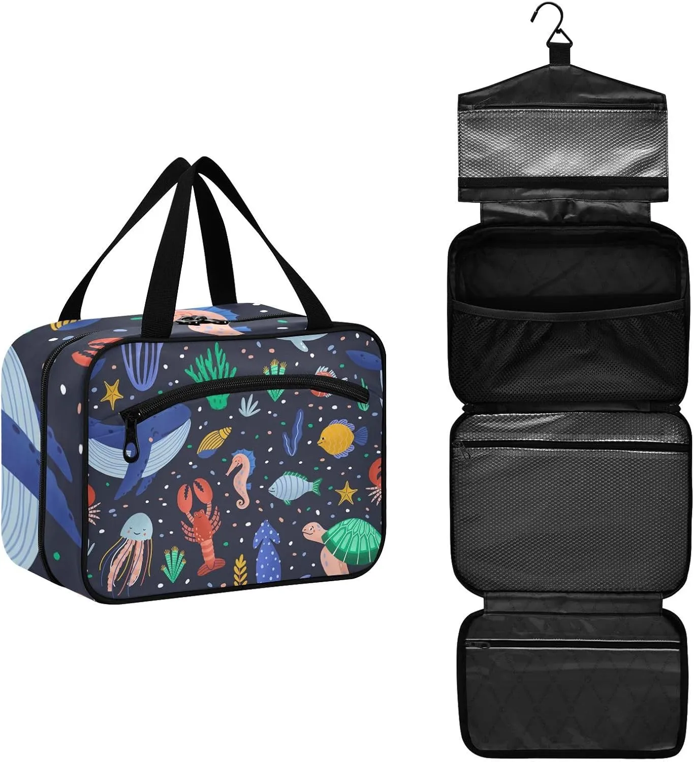 linqin Toiletry Bag for Travel, Cute Cartoon Of Sea Animals Makeup Bag Large Cosmetic Bag Organizer with Hanging Hook for Women Men