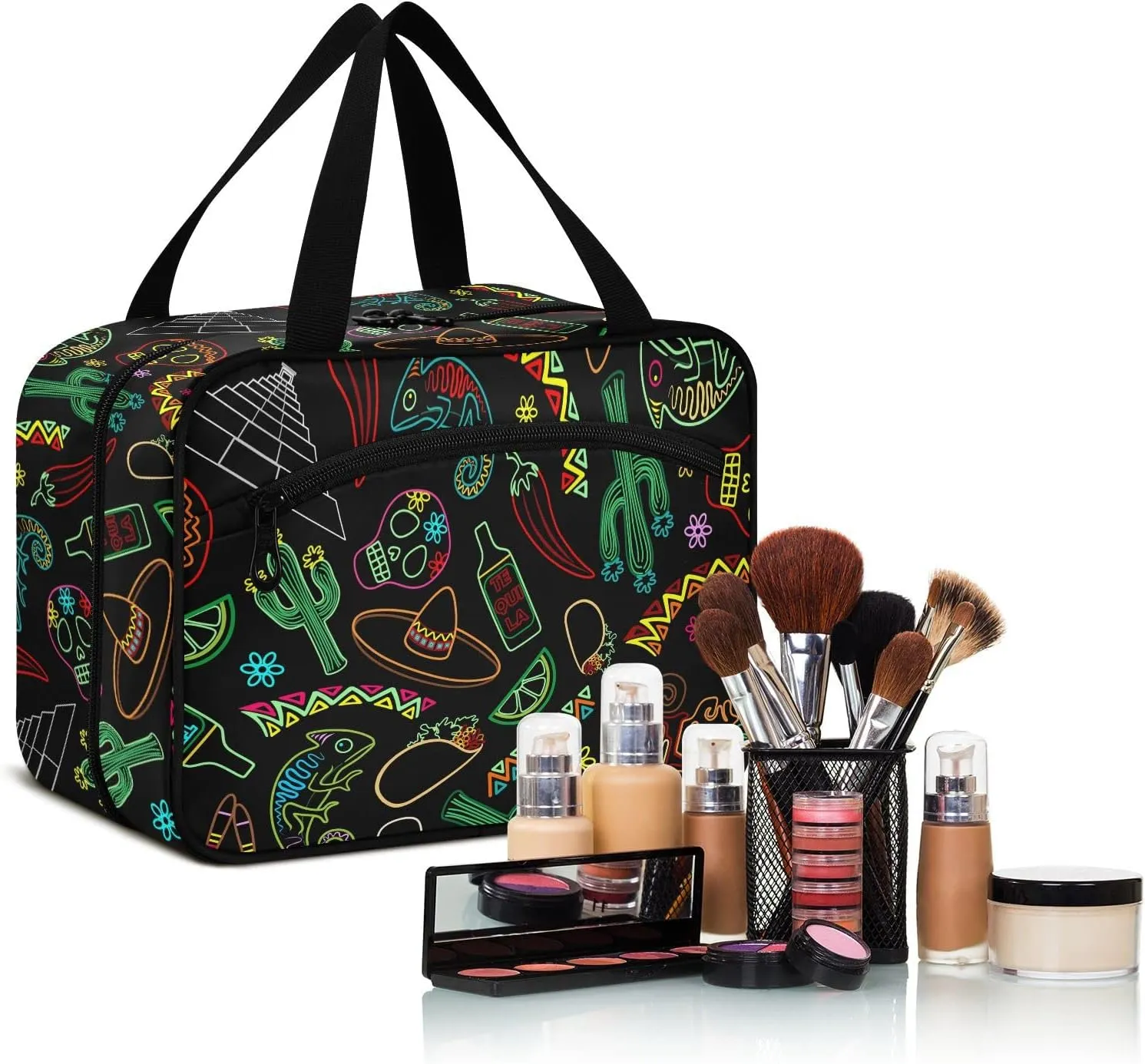 linqin Toiletry Bag for Travel, Desert Colorful Elements Makeup Bag Large Cosmetic Bag Organizer with Hanging Hook for Women Men