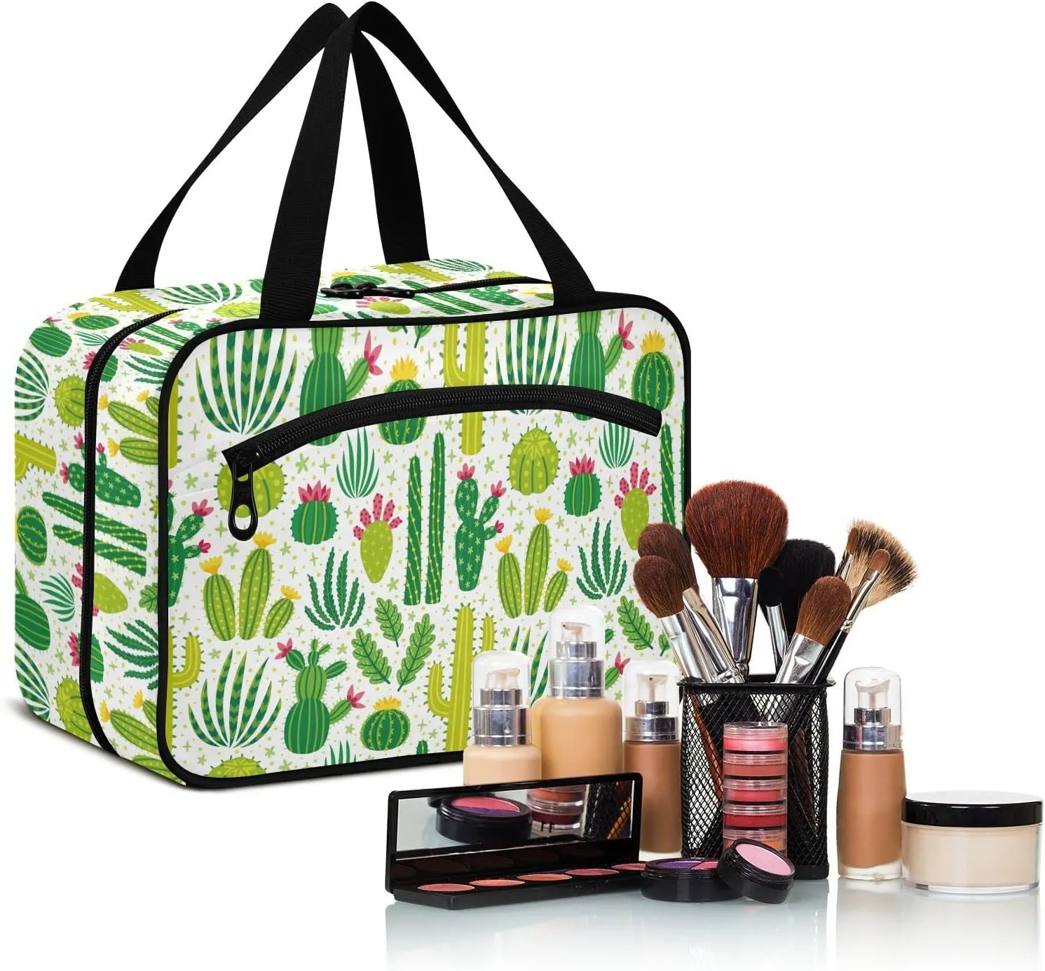 linqin Toiletry Bag for Travel, Different Cactus Makeup Bag Large Cosmetic Bag Organizer with Hanging Hook for Women Men