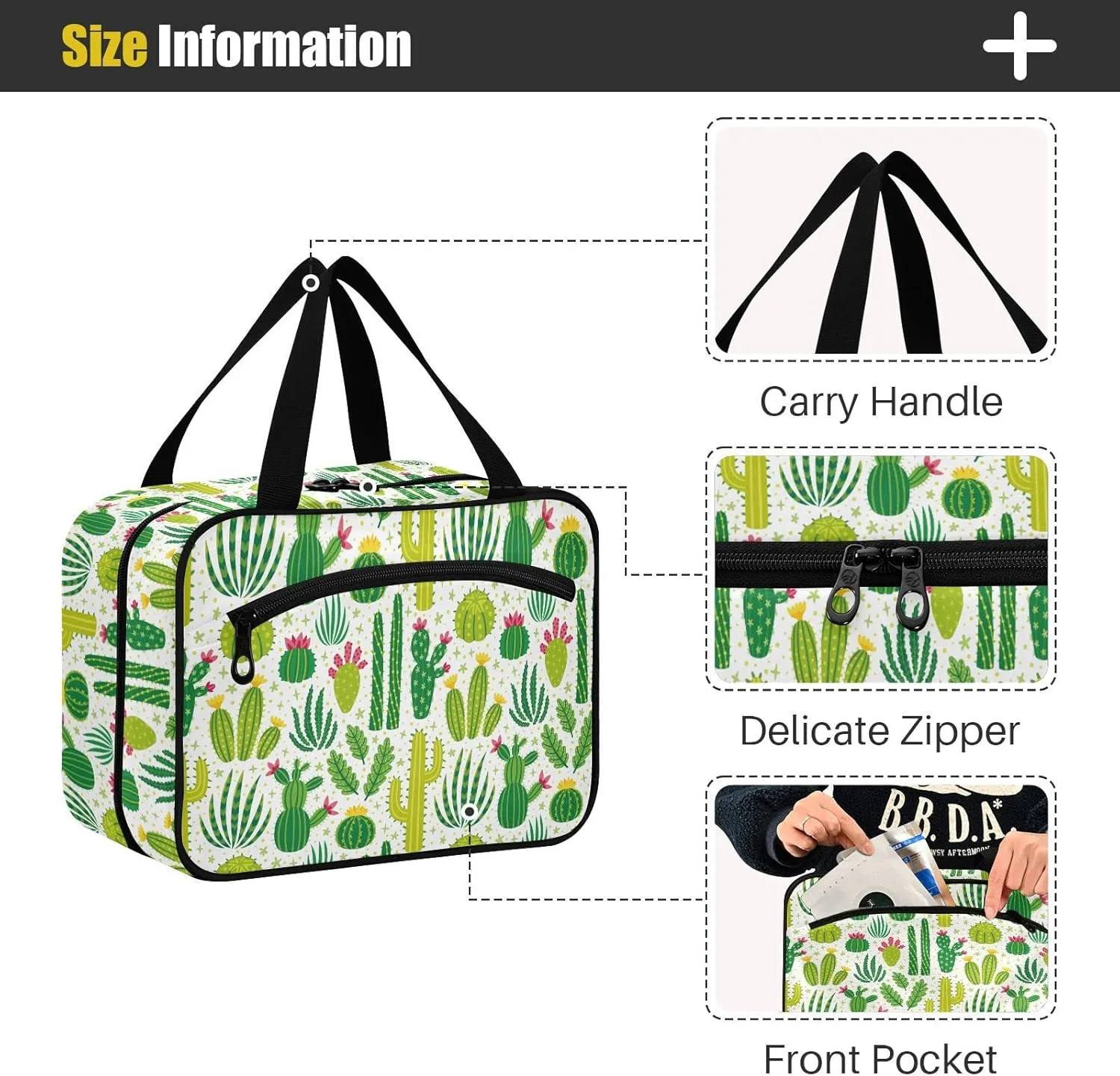 linqin Toiletry Bag for Travel, Different Cactus Makeup Bag Large Cosmetic Bag Organizer with Hanging Hook for Women Men
