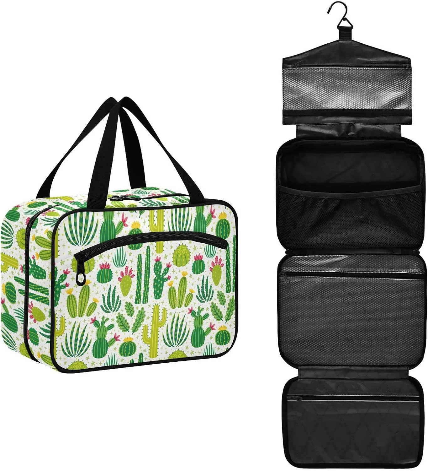 linqin Toiletry Bag for Travel, Different Cactus Makeup Bag Large Cosmetic Bag Organizer with Hanging Hook for Women Men
