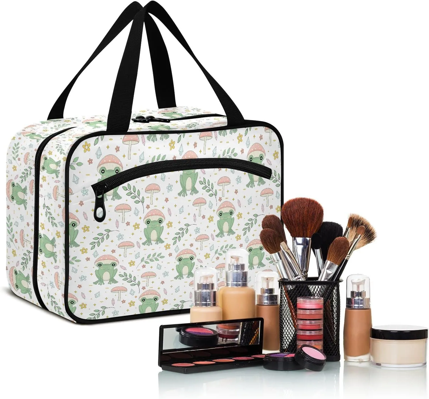 linqin Toiletry Bag for Travel, Frog and Mushrooms Makeup Bag Large Cosmetic Bag Organizer with Hanging Hook for Women Men