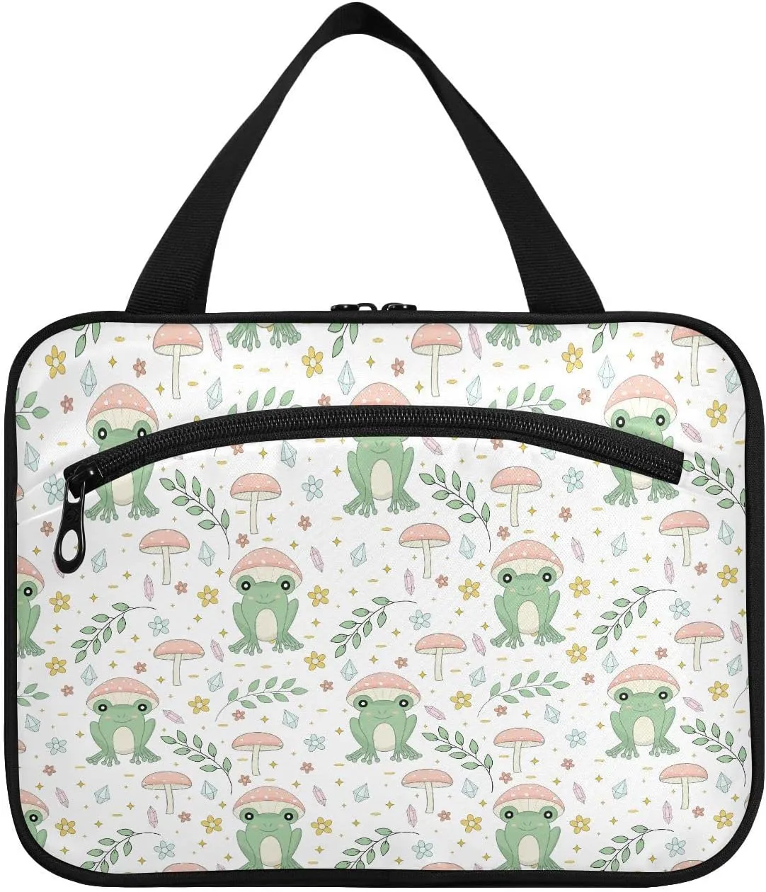 linqin Toiletry Bag for Travel, Frog and Mushrooms Makeup Bag Large Cosmetic Bag Organizer with Hanging Hook for Women Men