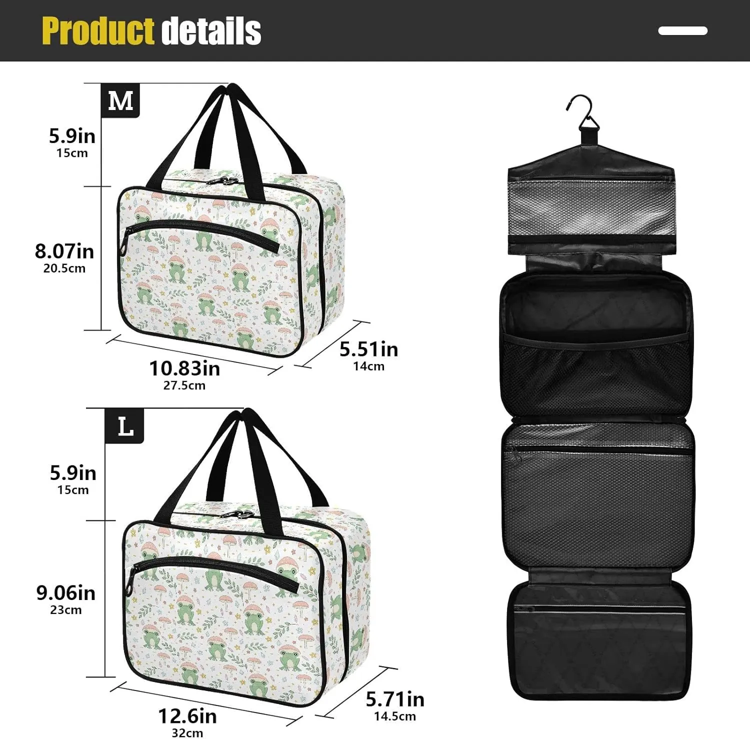 linqin Toiletry Bag for Travel, Frog and Mushrooms Makeup Bag Large Cosmetic Bag Organizer with Hanging Hook for Women Men
