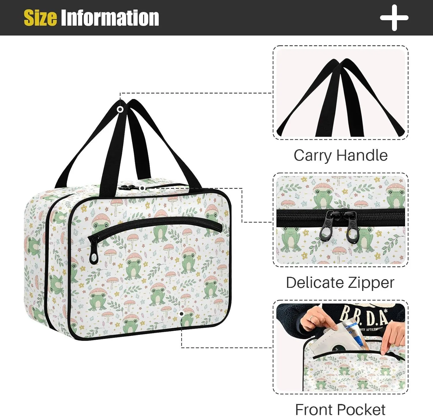 linqin Toiletry Bag for Travel, Frog and Mushrooms Makeup Bag Large Cosmetic Bag Organizer with Hanging Hook for Women Men