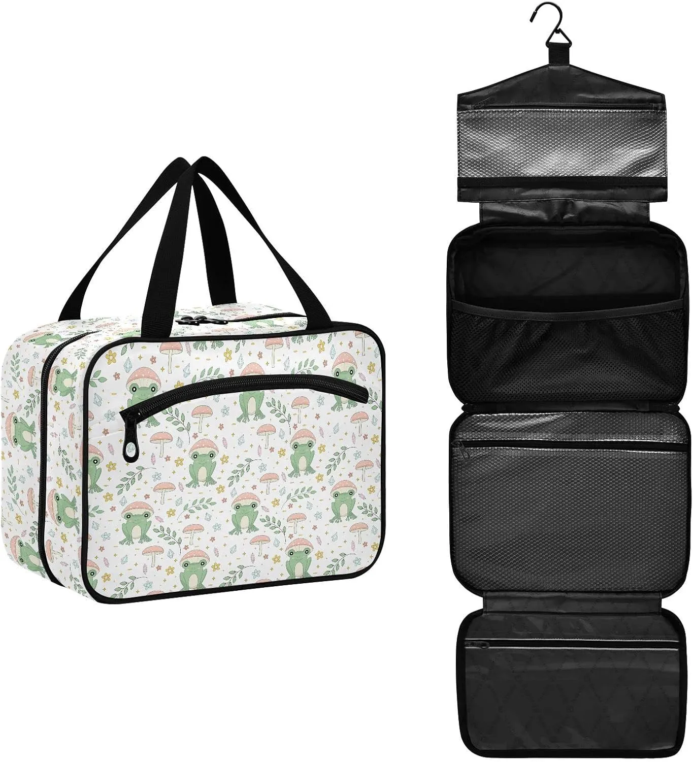 linqin Toiletry Bag for Travel, Frog and Mushrooms Makeup Bag Large Cosmetic Bag Organizer with Hanging Hook for Women Men