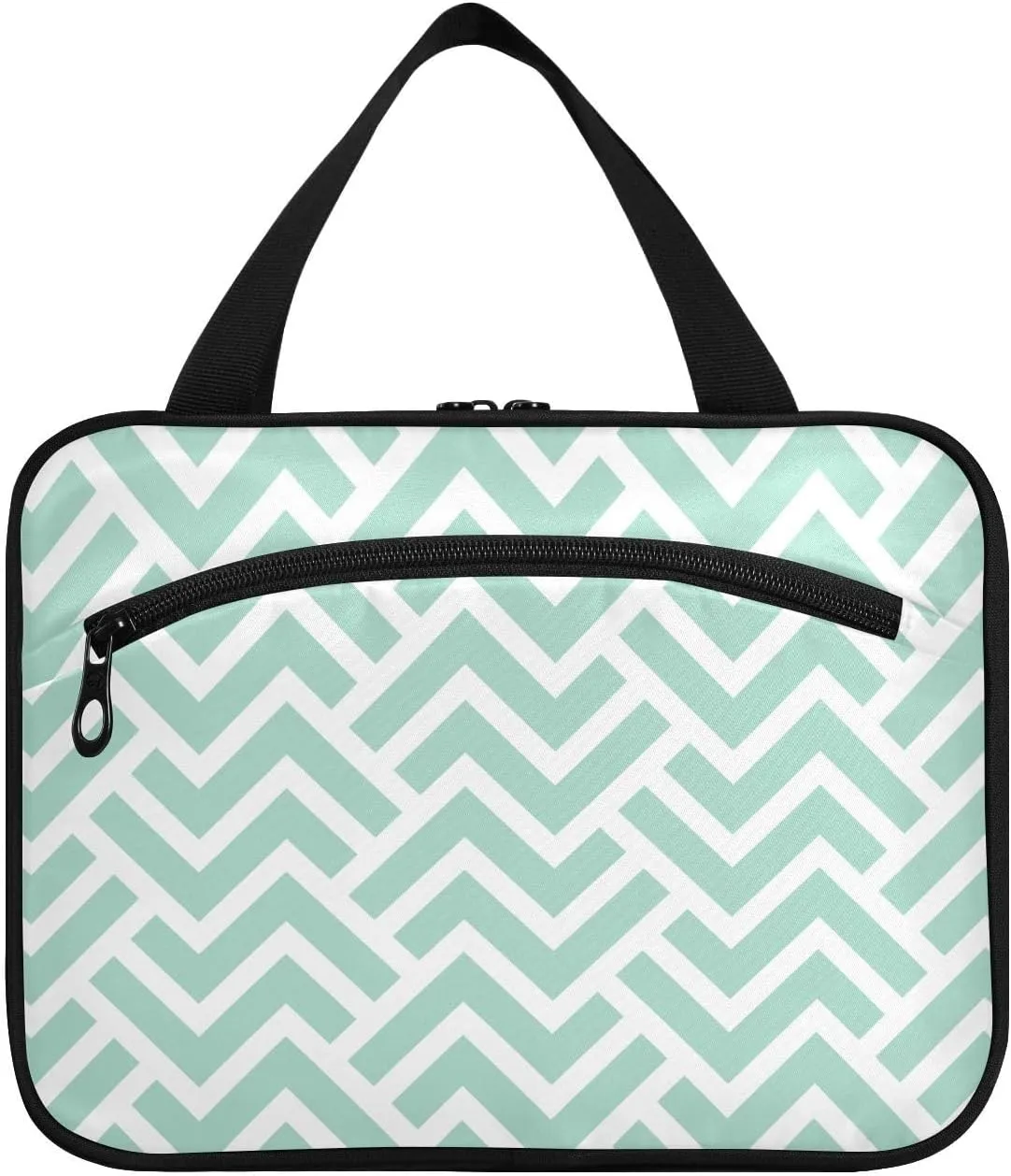 linqin Toiletry Bag for Travel, Geometric Pattern with Green Stripes Makeup Bag Large Cosmetic Bag Organizer with Hanging Hook for Women Men