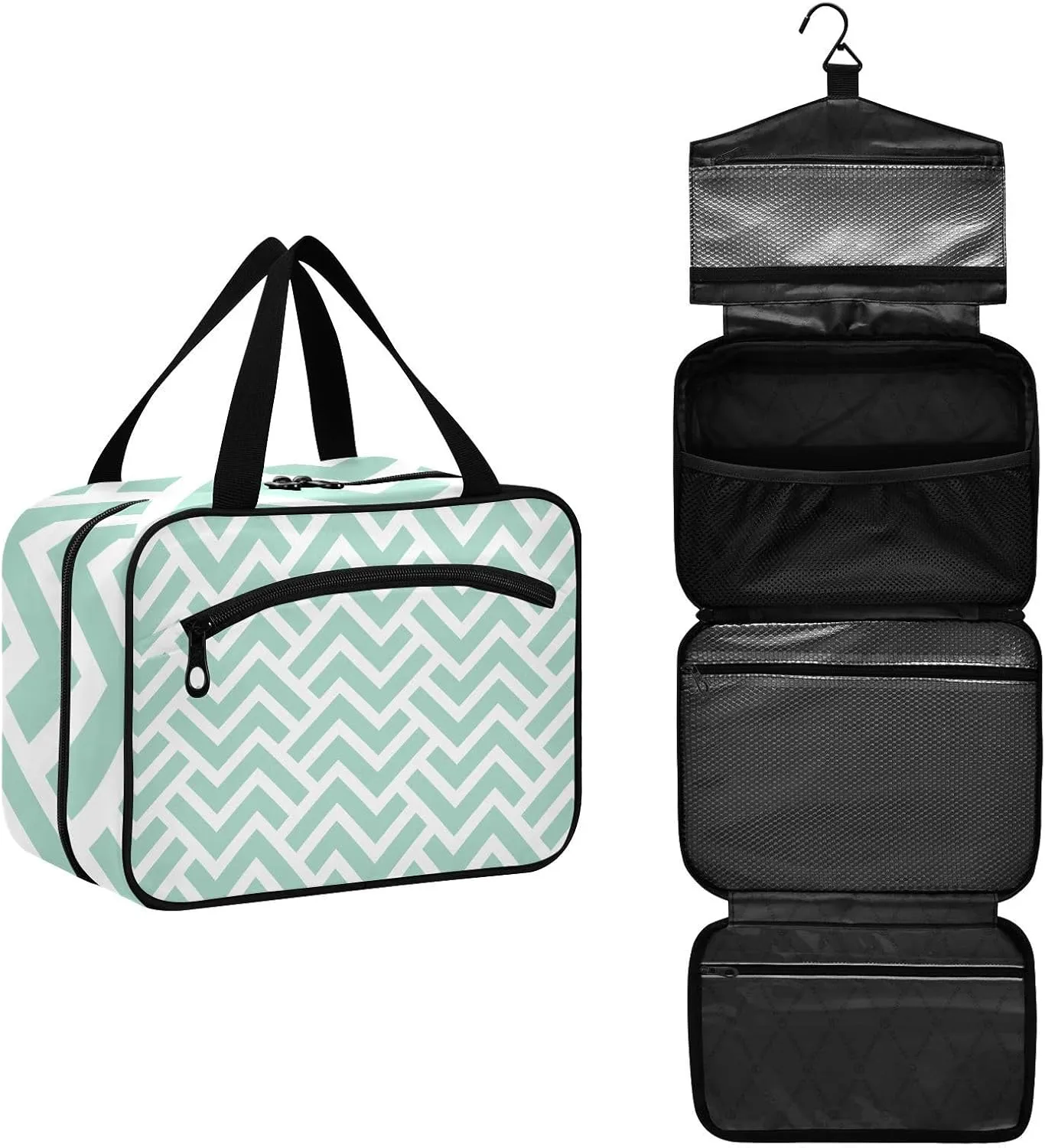 linqin Toiletry Bag for Travel, Geometric Pattern with Green Stripes Makeup Bag Large Cosmetic Bag Organizer with Hanging Hook for Women Men
