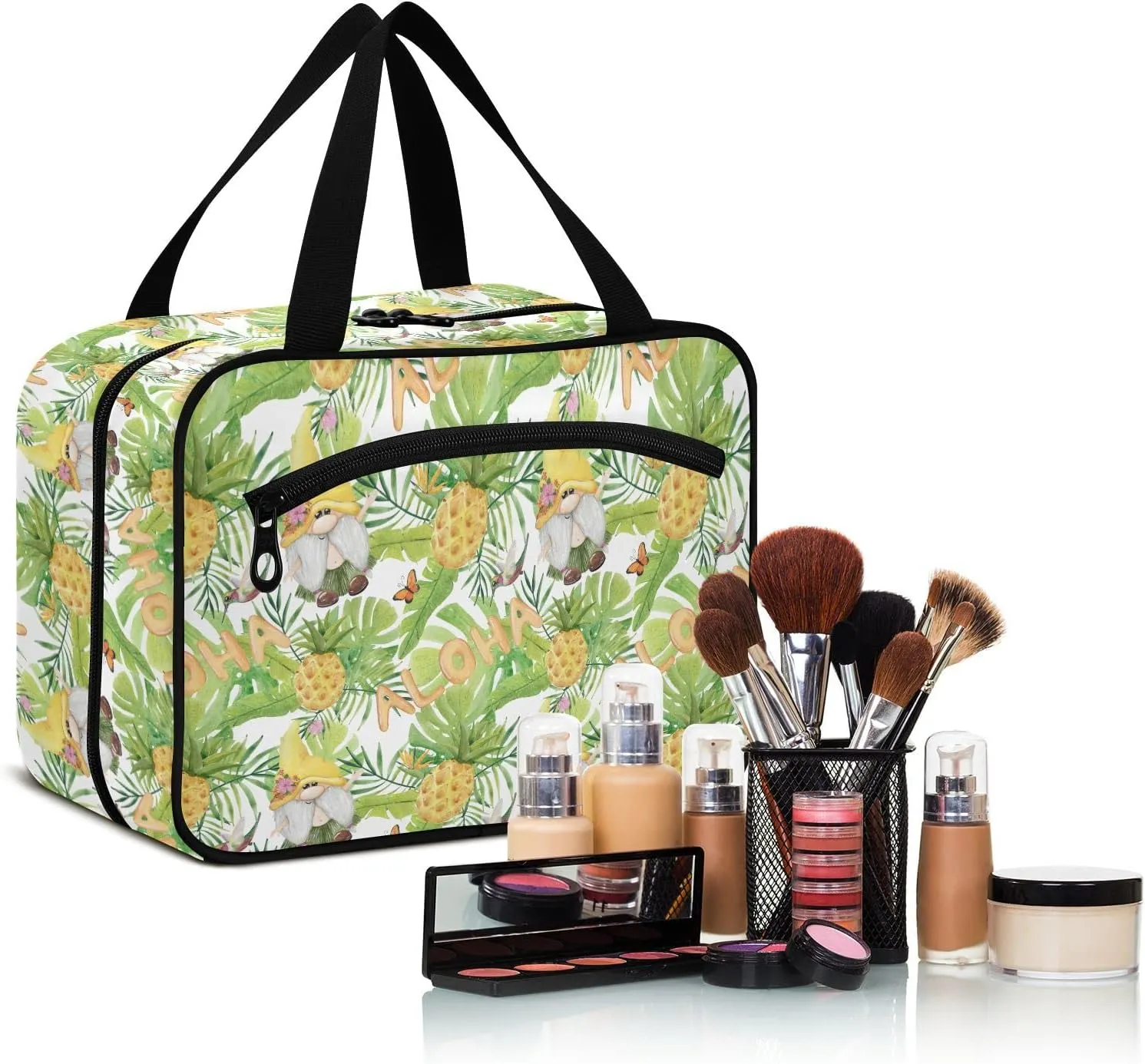 linqin Toiletry Bag for Travel, Gnome Pineapple Summer Butterfly Makeup Bag Large Cosmetic Bag Organizer with Hanging Hook for Women Men