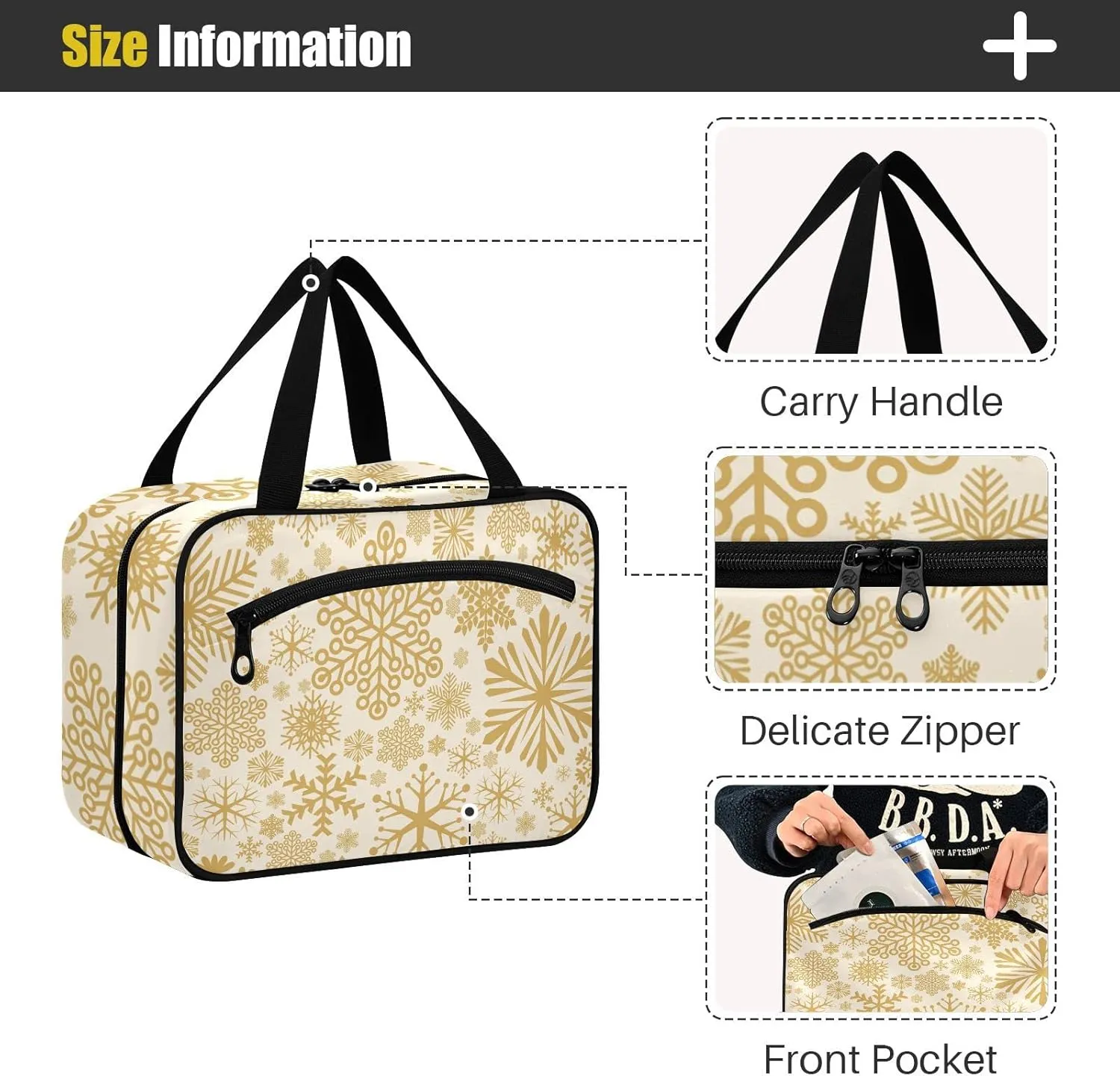 linqin Toiletry Bag for Travel, Golden Snowflakes Makeup Bag Large Cosmetic Bag Organizer with Hanging Hook for Women Men