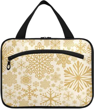 linqin Toiletry Bag for Travel, Golden Snowflakes Makeup Bag Large Cosmetic Bag Organizer with Hanging Hook for Women Men