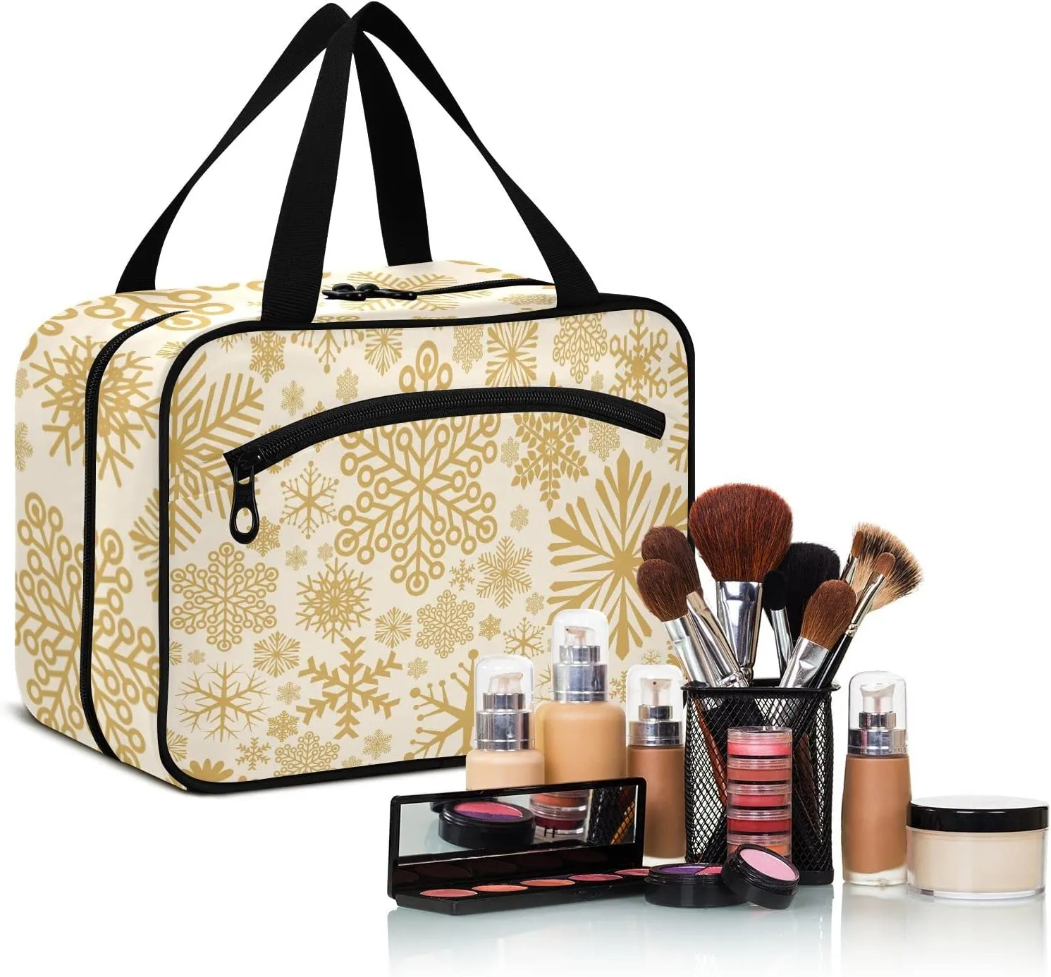 linqin Toiletry Bag for Travel, Golden Snowflakes Makeup Bag Large Cosmetic Bag Organizer with Hanging Hook for Women Men