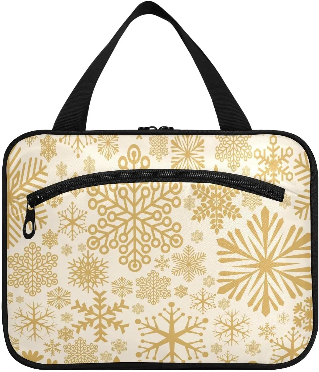 linqin Toiletry Bag for Travel, Golden Snowflakes Makeup Bag Large Cosmetic Bag Organizer with Hanging Hook for Women Men