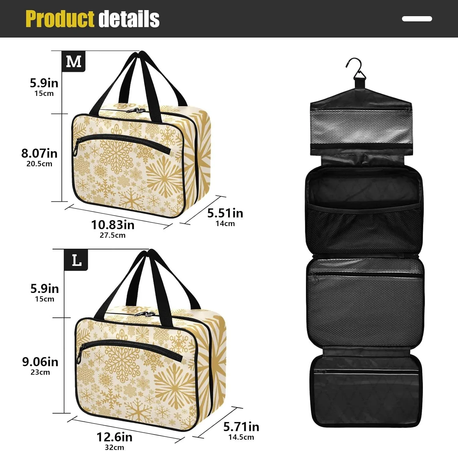 linqin Toiletry Bag for Travel, Golden Snowflakes Makeup Bag Large Cosmetic Bag Organizer with Hanging Hook for Women Men