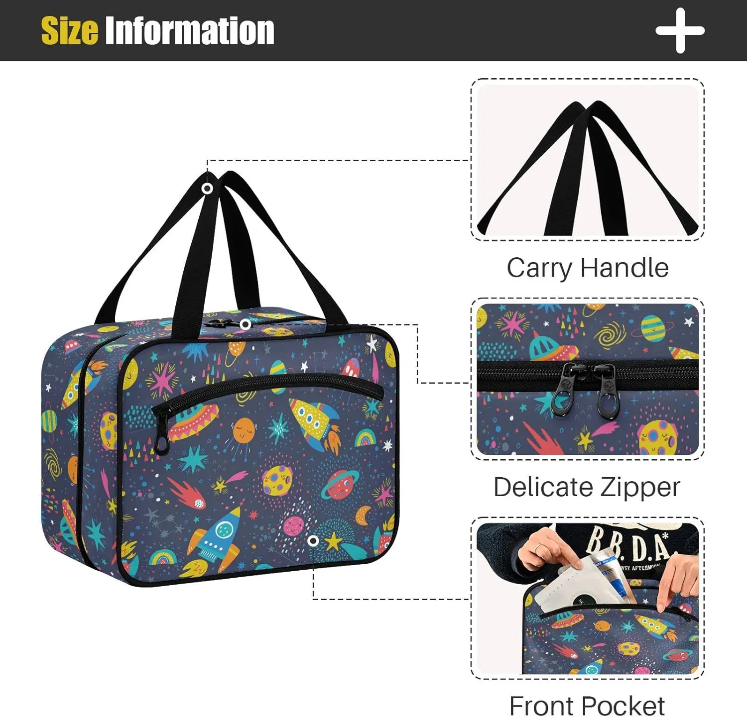 linqin Toiletry Bag for Travel, Hand Drawn Space Elements Makeup Bag Large Cosmetic Bag Organizer with Hanging Hook for Women Men