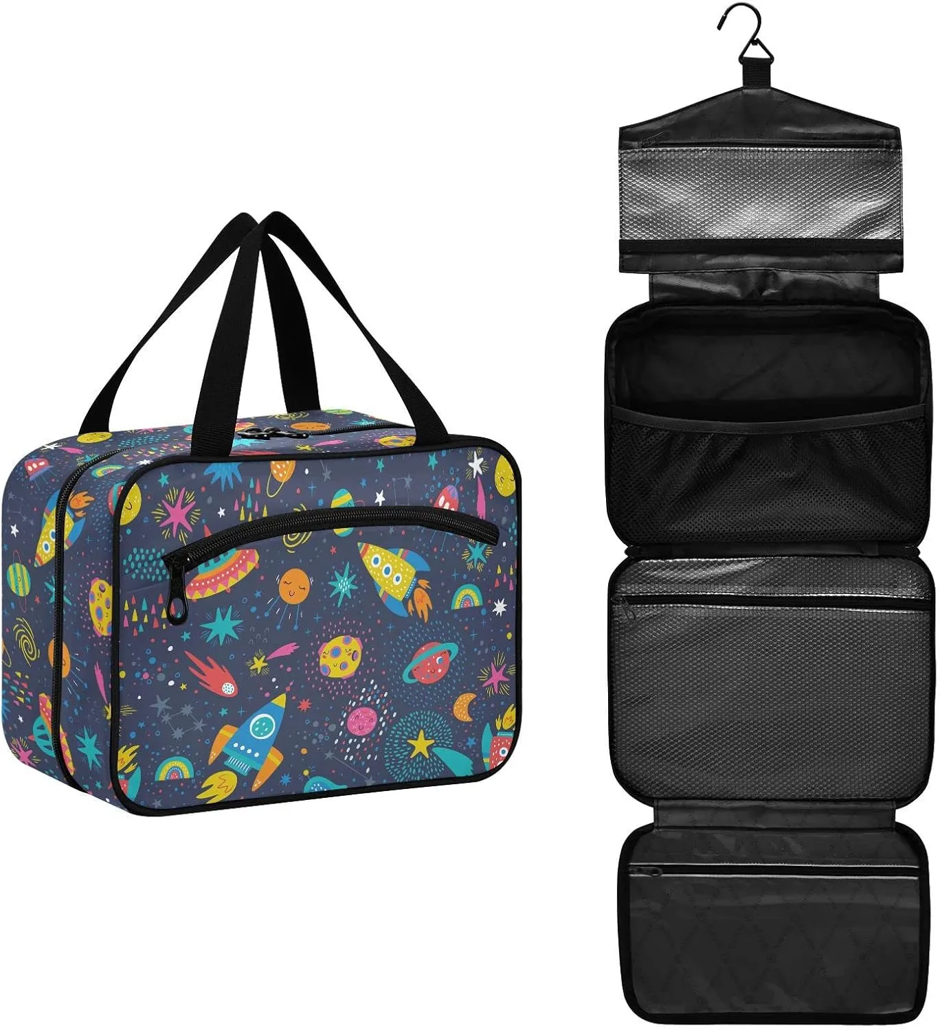linqin Toiletry Bag for Travel, Hand Drawn Space Elements Makeup Bag Large Cosmetic Bag Organizer with Hanging Hook for Women Men