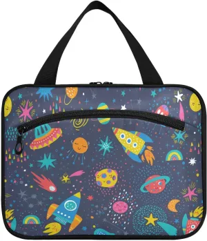 linqin Toiletry Bag for Travel, Hand Drawn Space Elements Makeup Bag Large Cosmetic Bag Organizer with Hanging Hook for Women Men