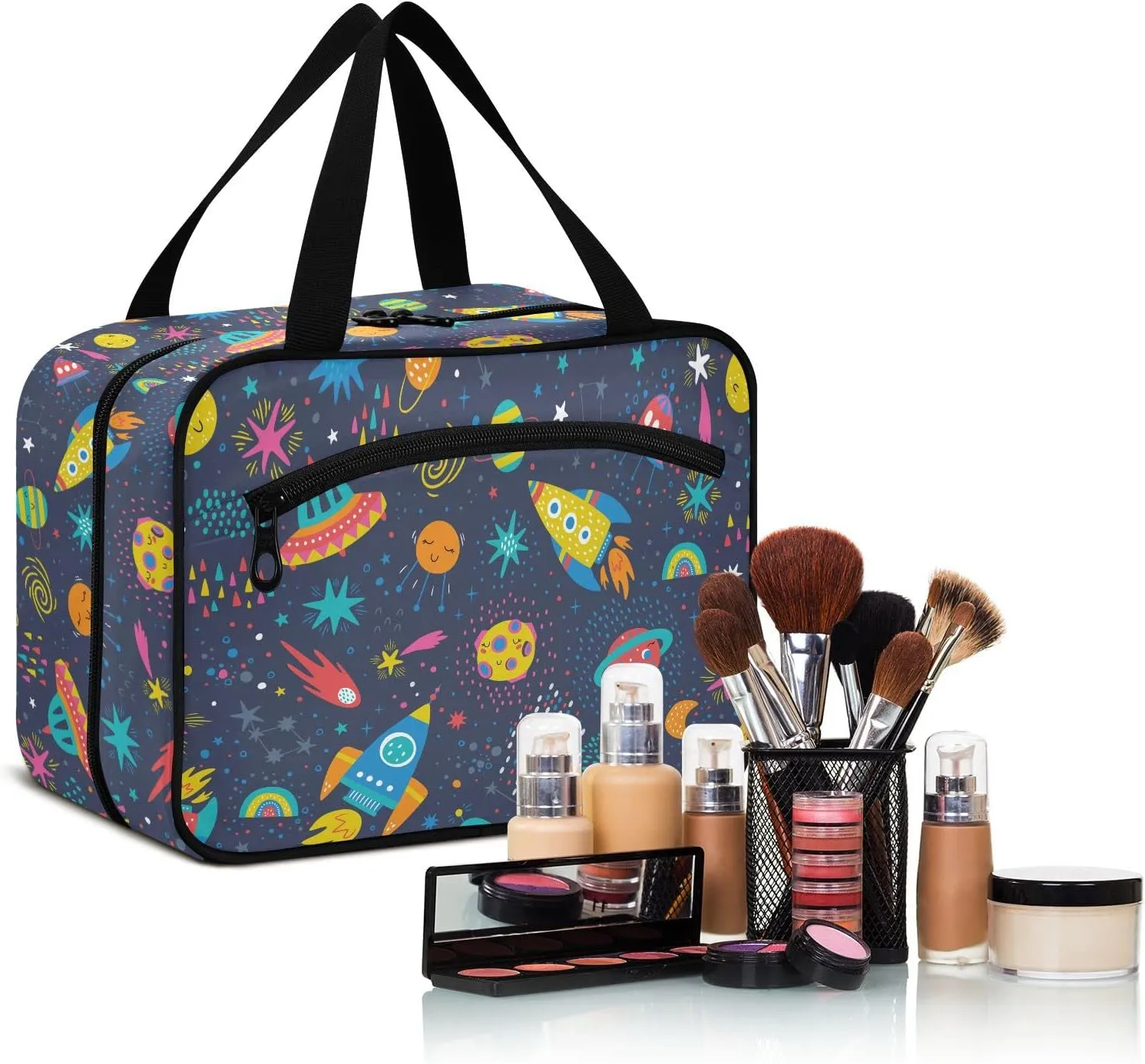 linqin Toiletry Bag for Travel, Hand Drawn Space Elements Makeup Bag Large Cosmetic Bag Organizer with Hanging Hook for Women Men