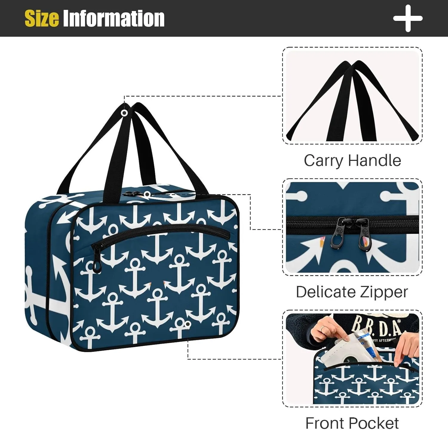 linqin Toiletry Bag for Travel, Marine Anchor Navy Blue Makeup Bag Large Cosmetic Bag Organizer with Hanging Hook for Women Men