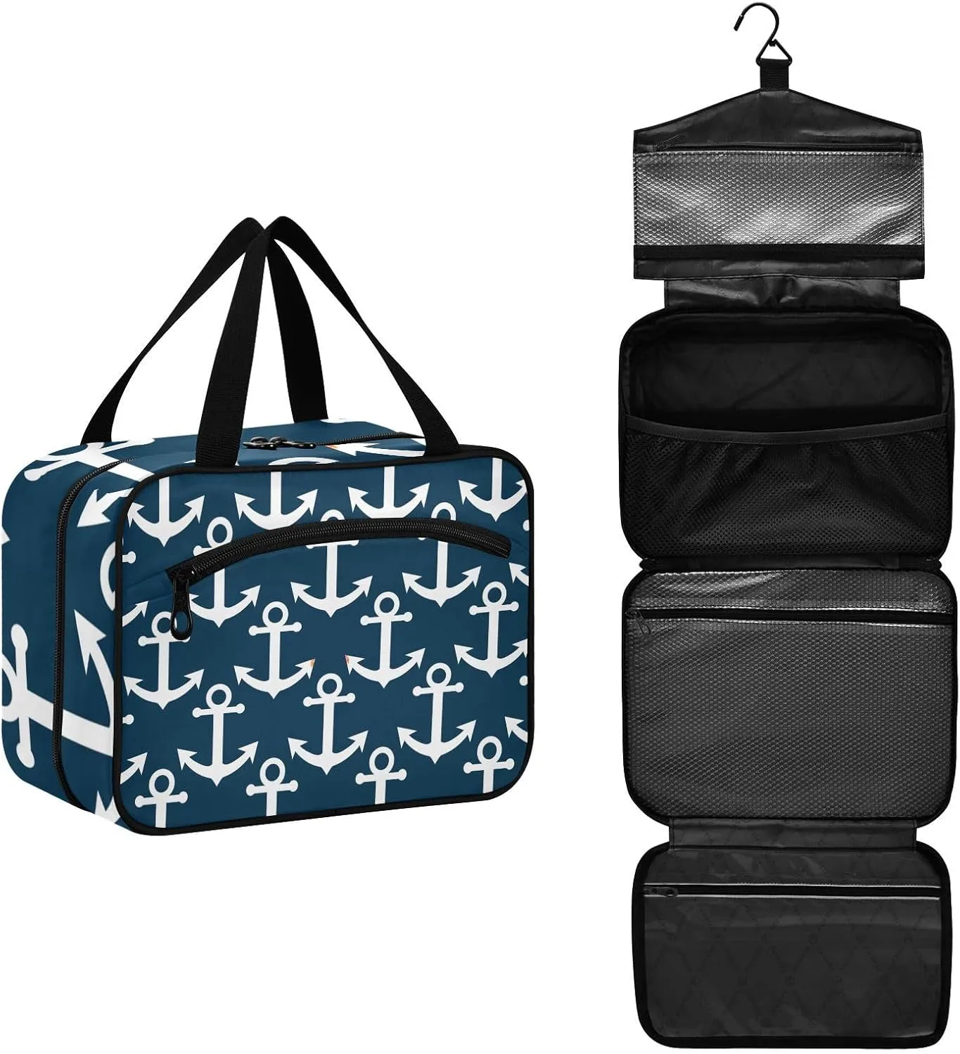 linqin Toiletry Bag for Travel, Marine Anchor Navy Blue Makeup Bag Large Cosmetic Bag Organizer with Hanging Hook for Women Men