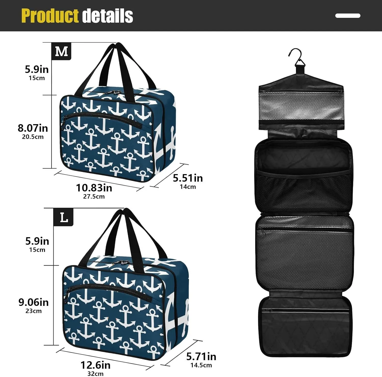 linqin Toiletry Bag for Travel, Marine Anchor Navy Blue Makeup Bag Large Cosmetic Bag Organizer with Hanging Hook for Women Men