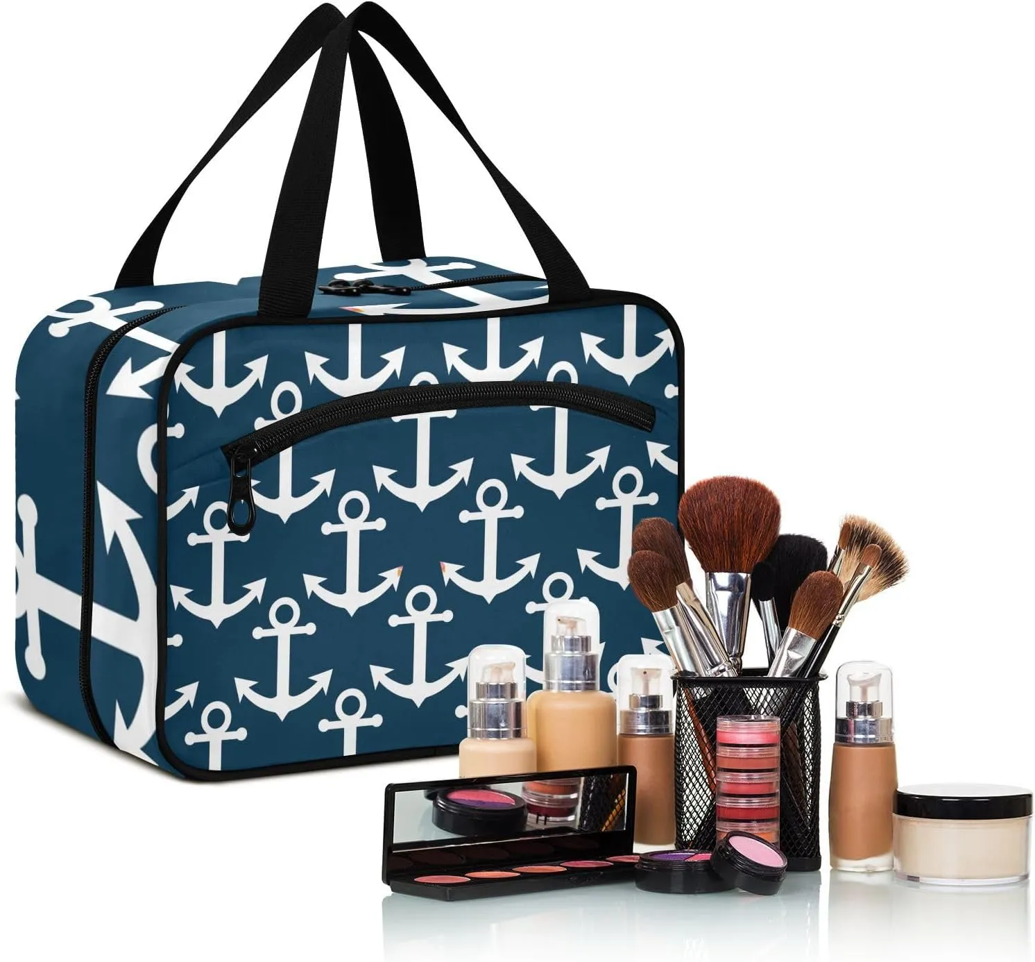 linqin Toiletry Bag for Travel, Marine Anchor Navy Blue Makeup Bag Large Cosmetic Bag Organizer with Hanging Hook for Women Men