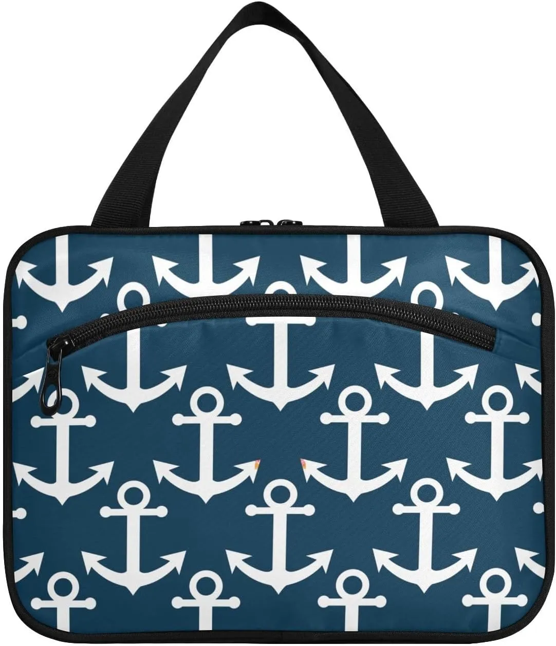 linqin Toiletry Bag for Travel, Marine Anchor Navy Blue Makeup Bag Large Cosmetic Bag Organizer with Hanging Hook for Women Men