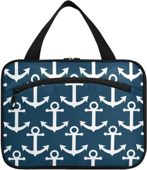 linqin Toiletry Bag for Travel, Marine Anchor Navy Blue Makeup Bag Large Cosmetic Bag Organizer with Hanging Hook for Women Men