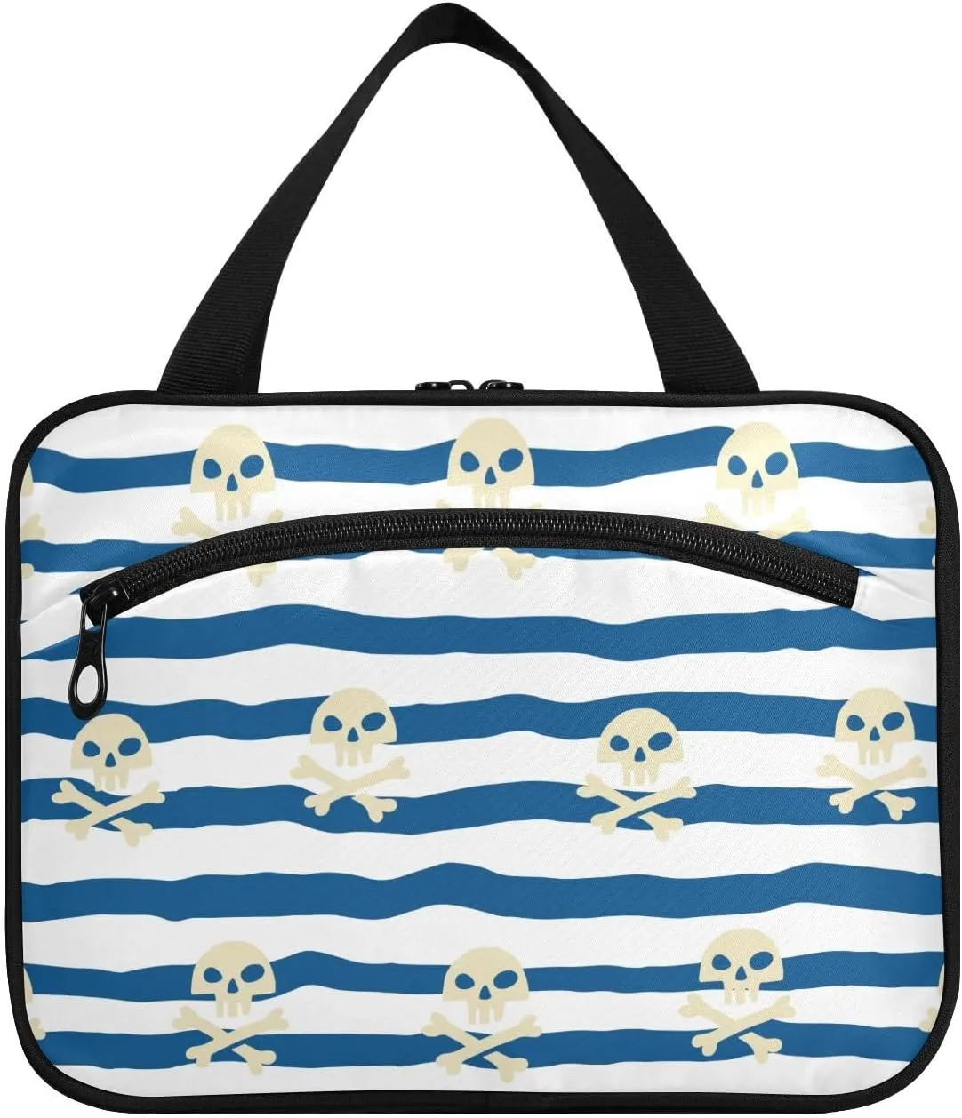 linqin Toiletry Bag for Travel, Navy Blue Stripes Wavy Streaks Makeup Bag Large Cosmetic Bag Organizer with Hanging Hook for Women Men