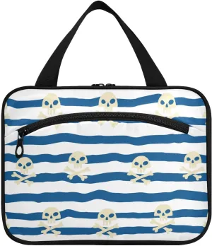 linqin Toiletry Bag for Travel, Navy Blue Stripes Wavy Streaks Makeup Bag Large Cosmetic Bag Organizer with Hanging Hook for Women Men