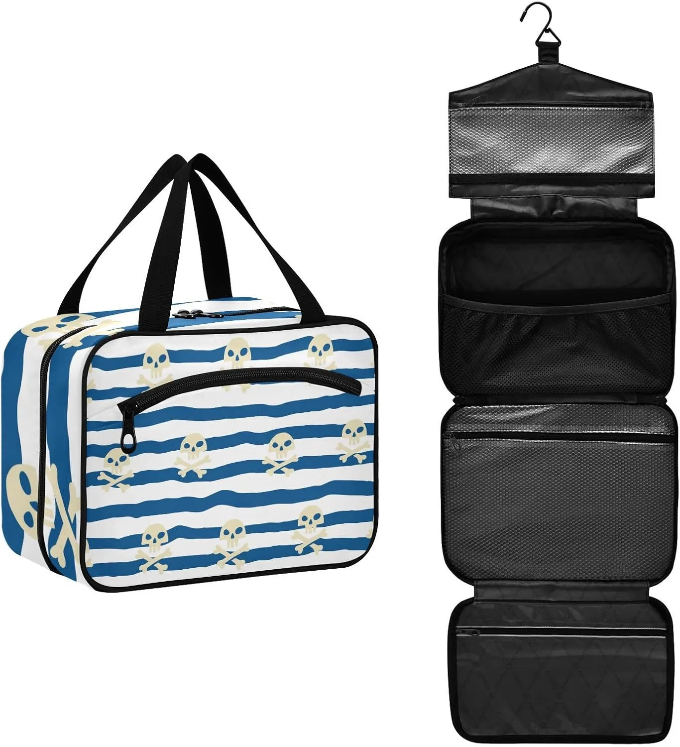 linqin Toiletry Bag for Travel, Navy Blue Stripes Wavy Streaks Makeup Bag Large Cosmetic Bag Organizer with Hanging Hook for Women Men