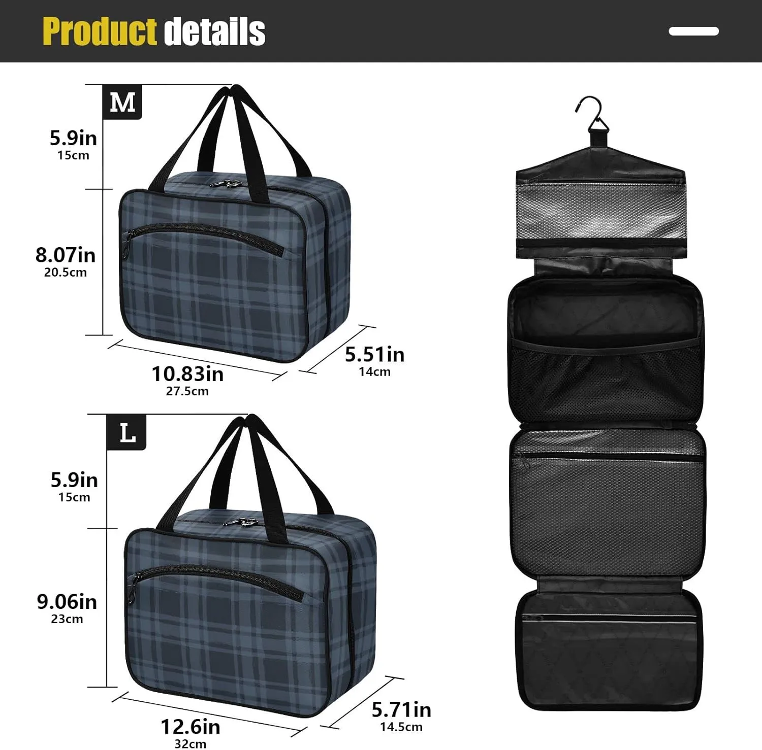 linqin Toiletry Bag for Travel, Plaid Blue Makeup Bag Large Cosmetic Bag Organizer with Hanging Hook for Women Men