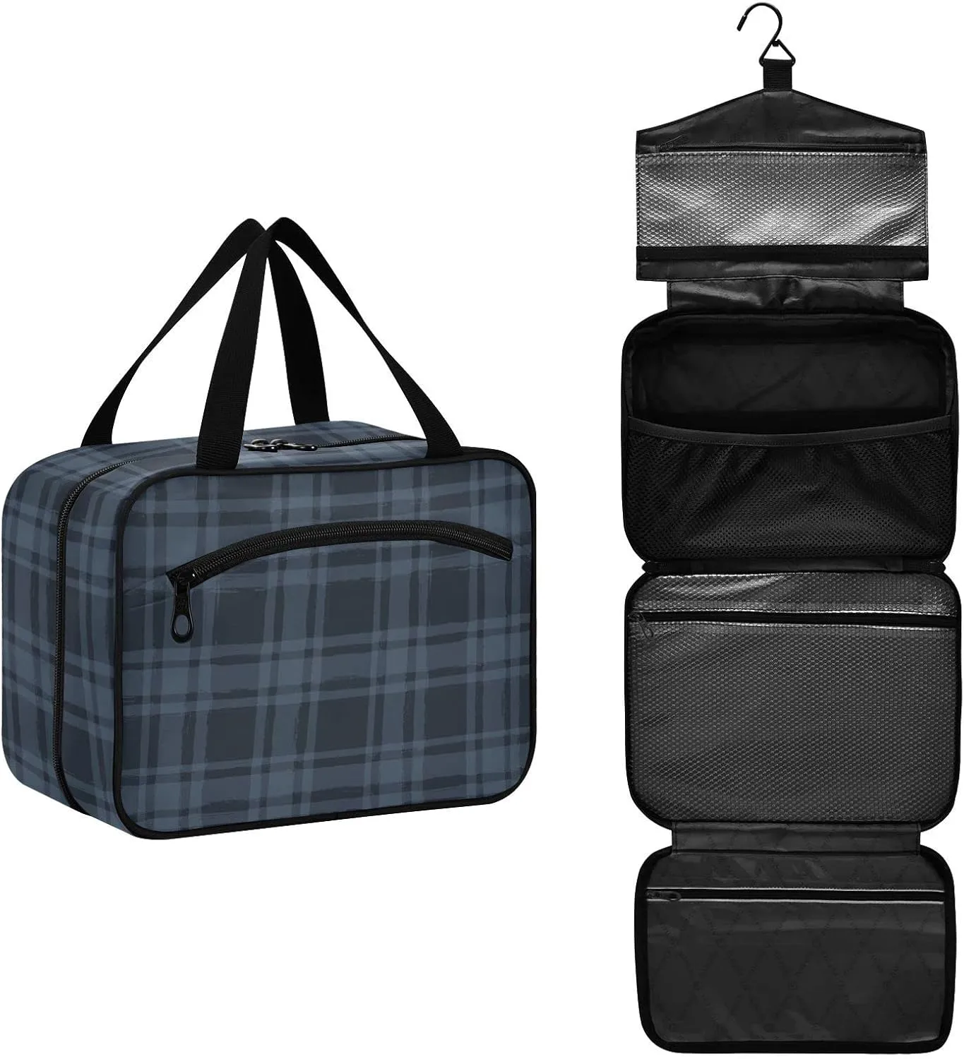 linqin Toiletry Bag for Travel, Plaid Blue Makeup Bag Large Cosmetic Bag Organizer with Hanging Hook for Women Men