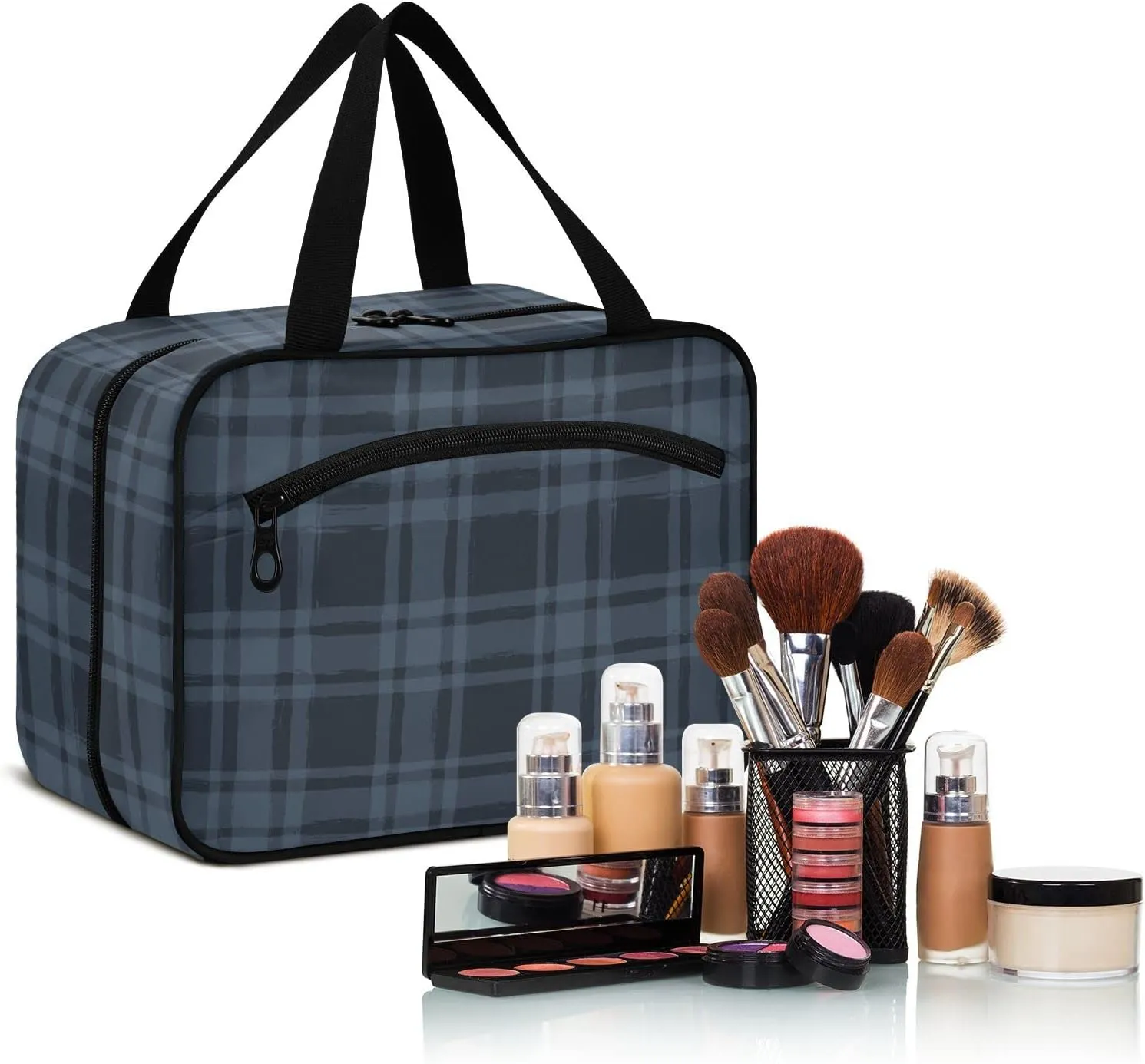 linqin Toiletry Bag for Travel, Plaid Blue Makeup Bag Large Cosmetic Bag Organizer with Hanging Hook for Women Men