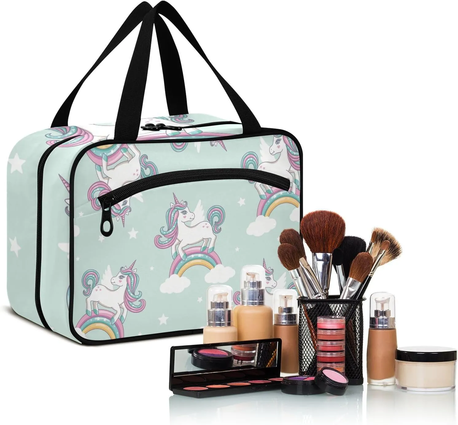 linqin Toiletry Bag for Travel, Rainbow Clouds Unicorn Makeup Bag Large Cosmetic Bag Organizer with Hanging Hook for Women Men