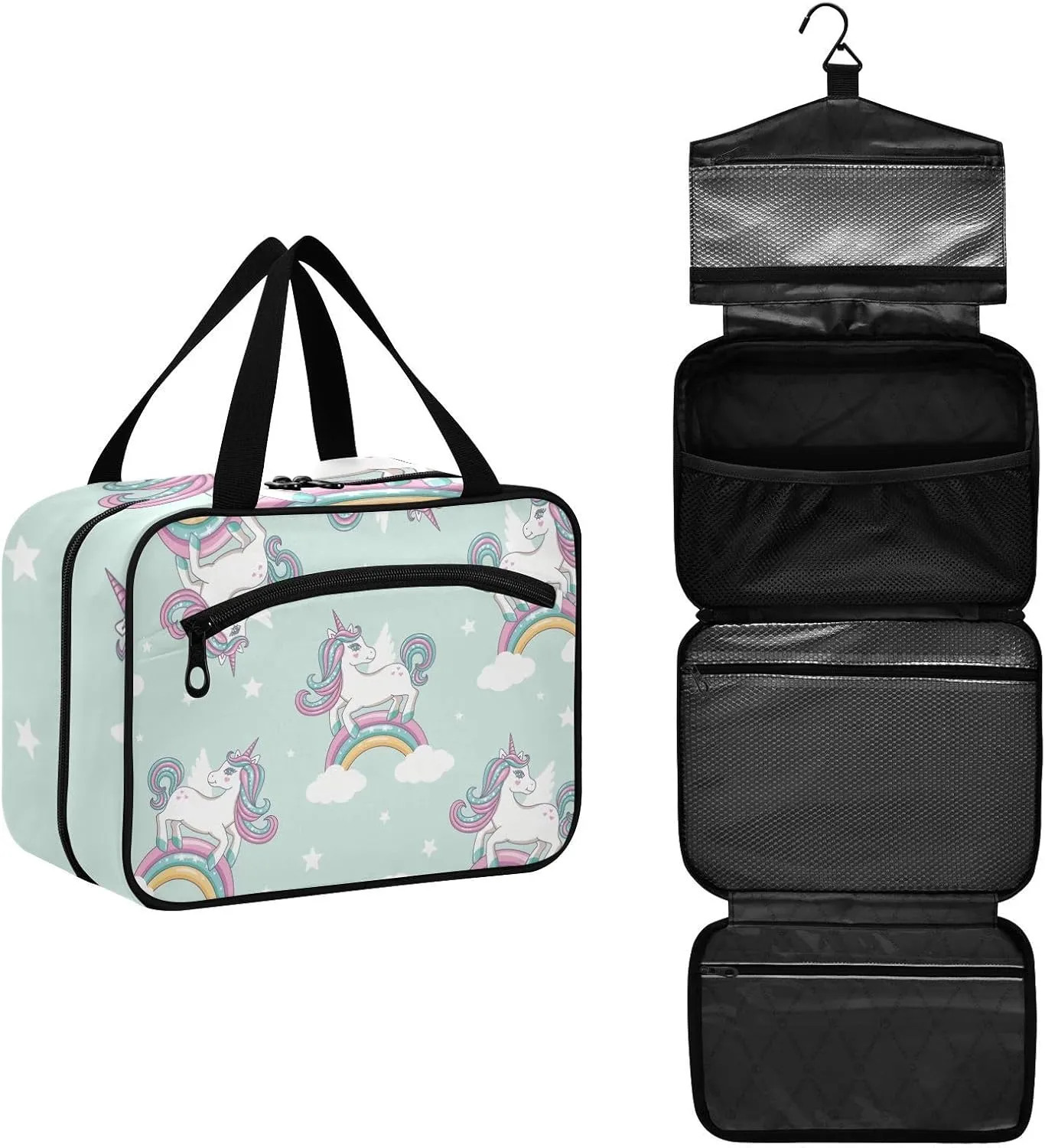 linqin Toiletry Bag for Travel, Rainbow Clouds Unicorn Makeup Bag Large Cosmetic Bag Organizer with Hanging Hook for Women Men