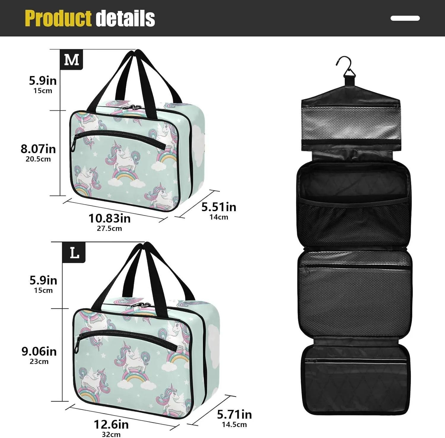 linqin Toiletry Bag for Travel, Rainbow Clouds Unicorn Makeup Bag Large Cosmetic Bag Organizer with Hanging Hook for Women Men