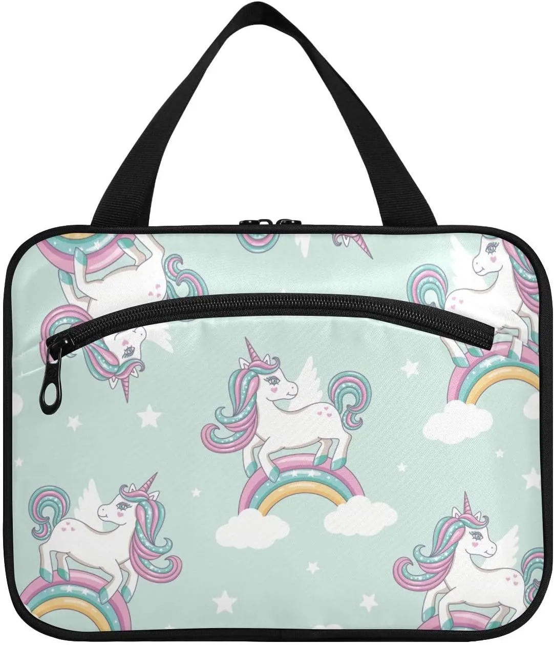 linqin Toiletry Bag for Travel, Rainbow Clouds Unicorn Makeup Bag Large Cosmetic Bag Organizer with Hanging Hook for Women Men