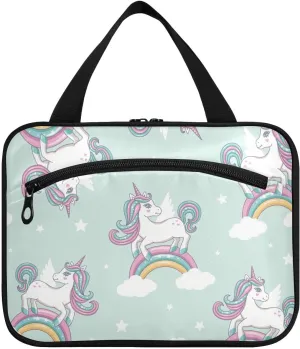 linqin Toiletry Bag for Travel, Rainbow Clouds Unicorn Makeup Bag Large Cosmetic Bag Organizer with Hanging Hook for Women Men