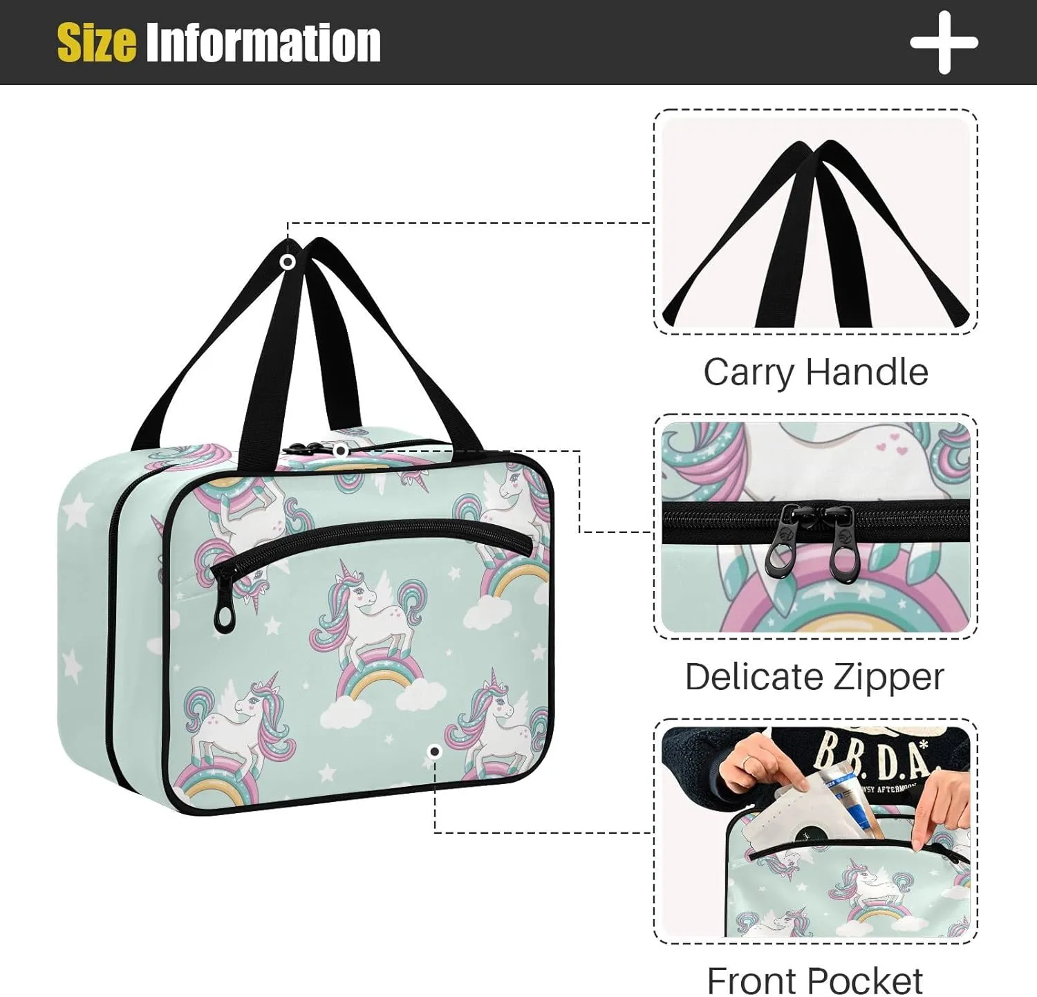 linqin Toiletry Bag for Travel, Rainbow Clouds Unicorn Makeup Bag Large Cosmetic Bag Organizer with Hanging Hook for Women Men