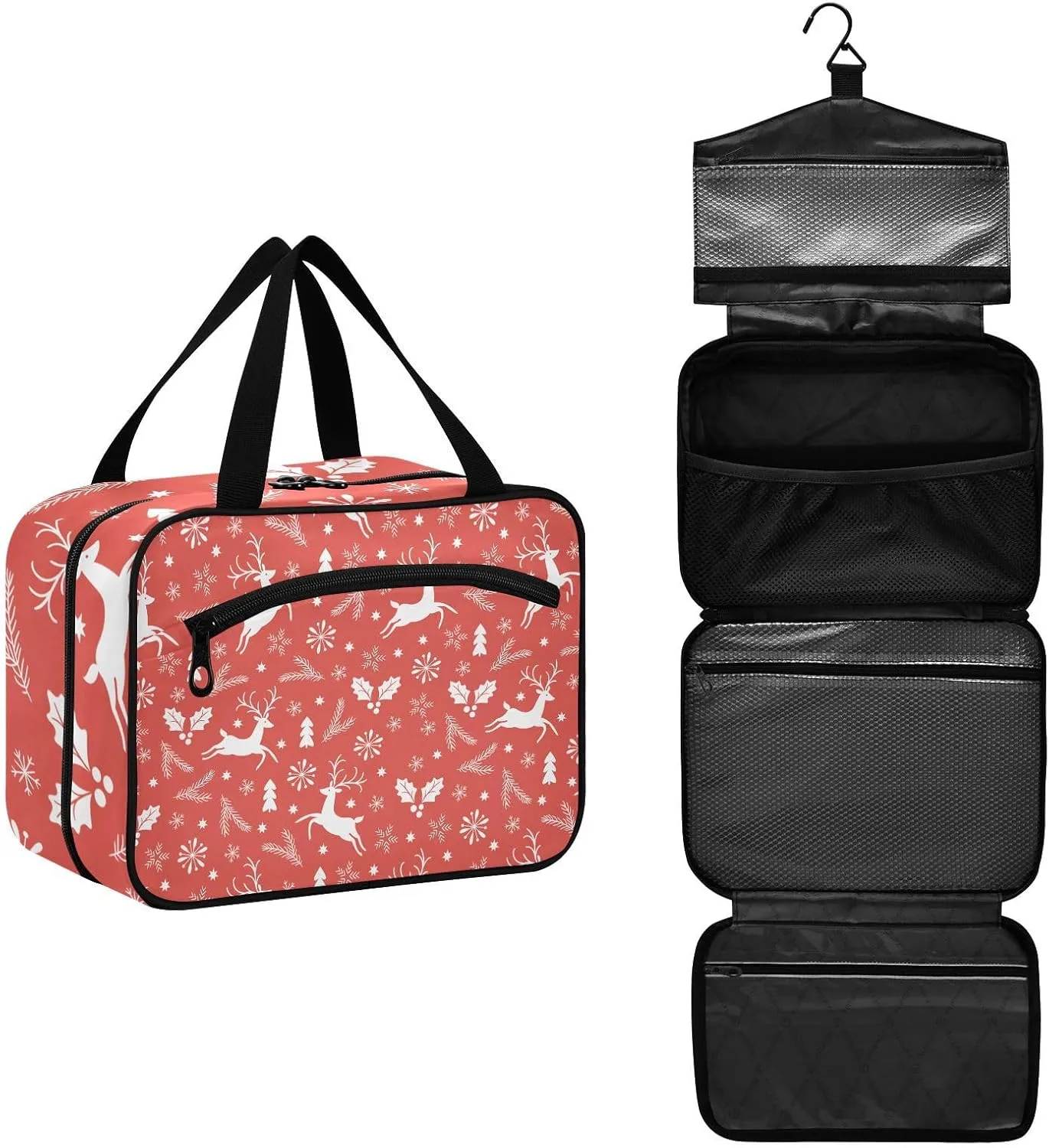 linqin Toiletry Bag for Travel, Red Christmas Reindeer Pattern Makeup Bag Large Cosmetic Bag Organizer with Hanging Hook for Women Men