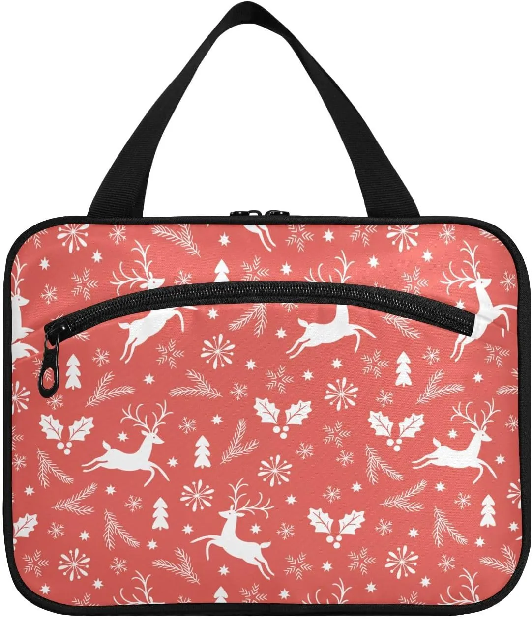 linqin Toiletry Bag for Travel, Red Christmas Reindeer Pattern Makeup Bag Large Cosmetic Bag Organizer with Hanging Hook for Women Men