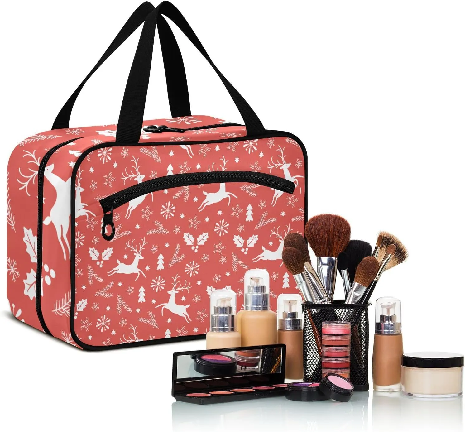 linqin Toiletry Bag for Travel, Red Christmas Reindeer Pattern Makeup Bag Large Cosmetic Bag Organizer with Hanging Hook for Women Men
