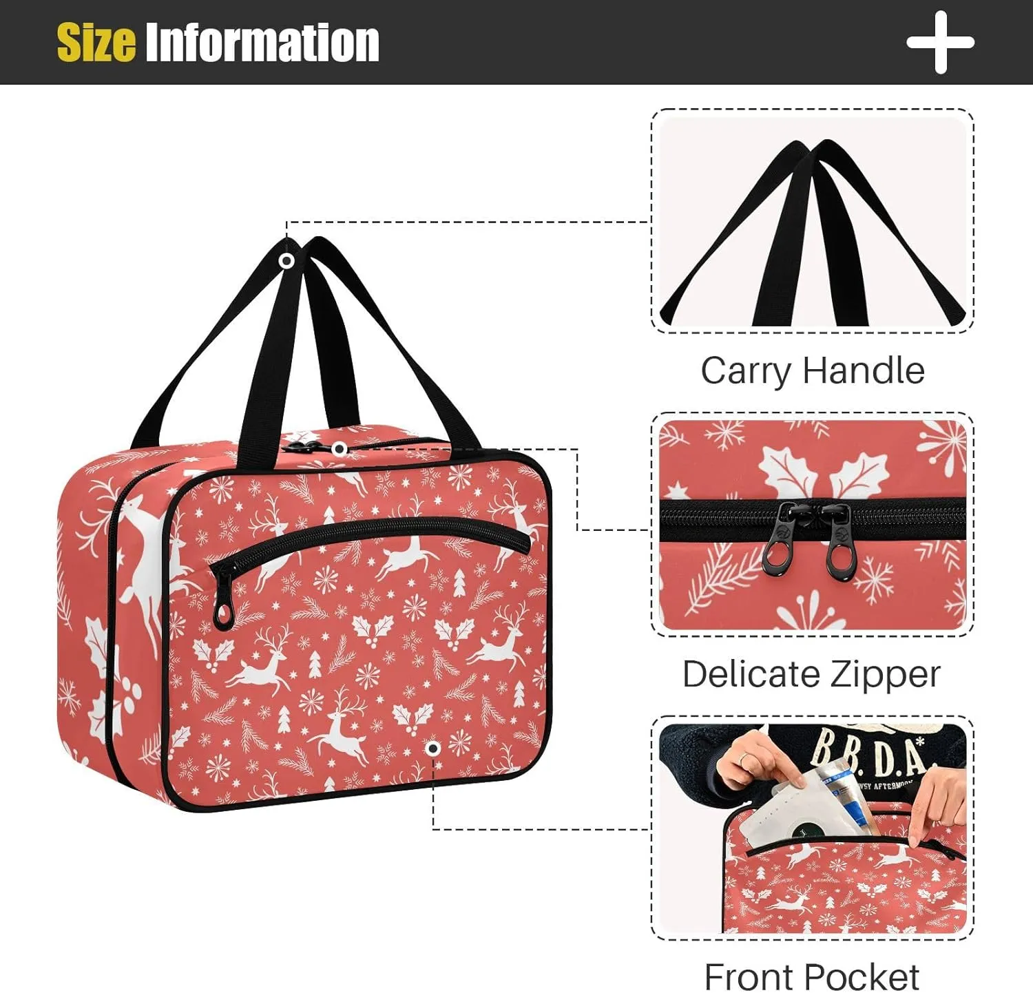 linqin Toiletry Bag for Travel, Red Christmas Reindeer Pattern Makeup Bag Large Cosmetic Bag Organizer with Hanging Hook for Women Men