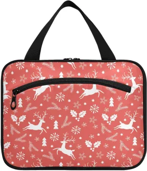 linqin Toiletry Bag for Travel, Red Christmas Reindeer Pattern Makeup Bag Large Cosmetic Bag Organizer with Hanging Hook for Women Men