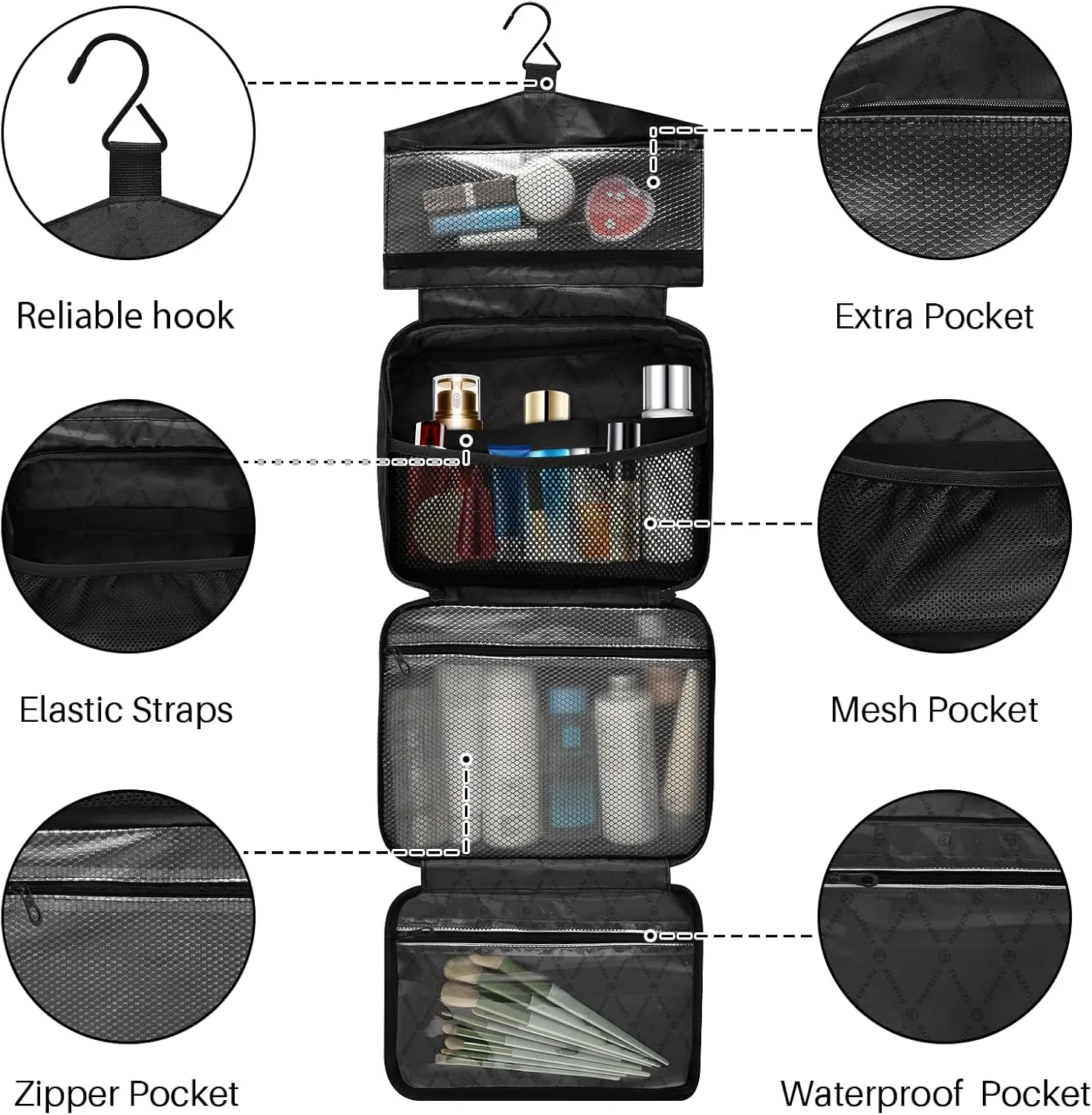 linqin Toiletry Bag for Travel, Star Black and White Makeup Bag Large Cosmetic Bag Organizer with Hanging Hook for Women Men