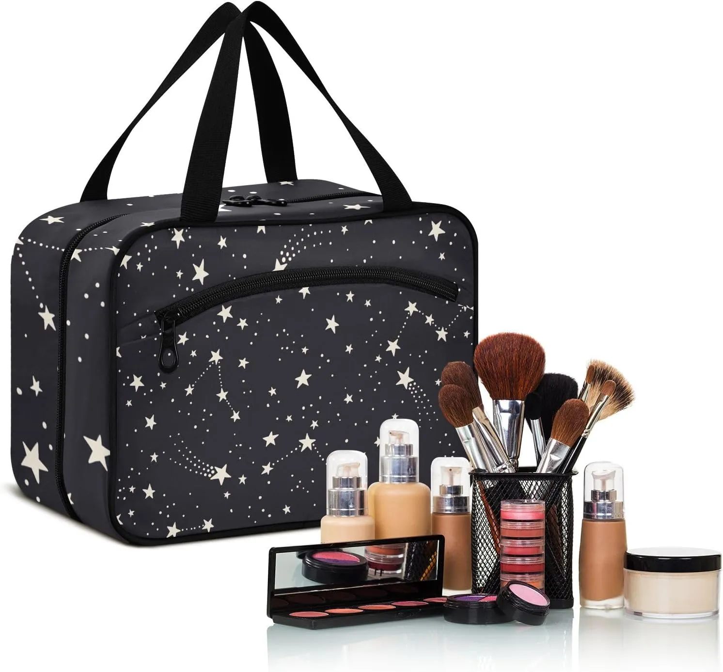 linqin Toiletry Bag for Travel, Star Black and White Makeup Bag Large Cosmetic Bag Organizer with Hanging Hook for Women Men